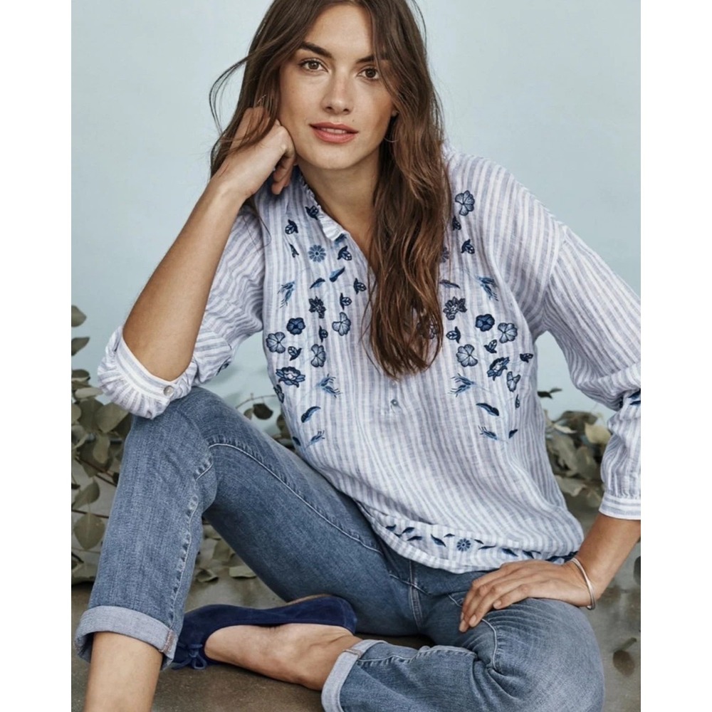 J Jill Love Linen Top 3X Blouse Embroidered Blue White Striped Tunic Boho Plus